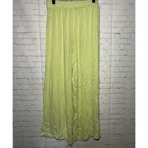 ONeill Womens Lime Green Crinkle Gauze Wide Leg Beach Pants Large Fringe Trim LG